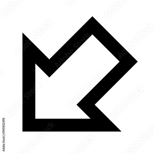 Down left short outline arrow icon for directional control, navigation, and UI interaction. Ideal for apps, dashboards, or websites using sharp, bold, minimal black line-based designs.