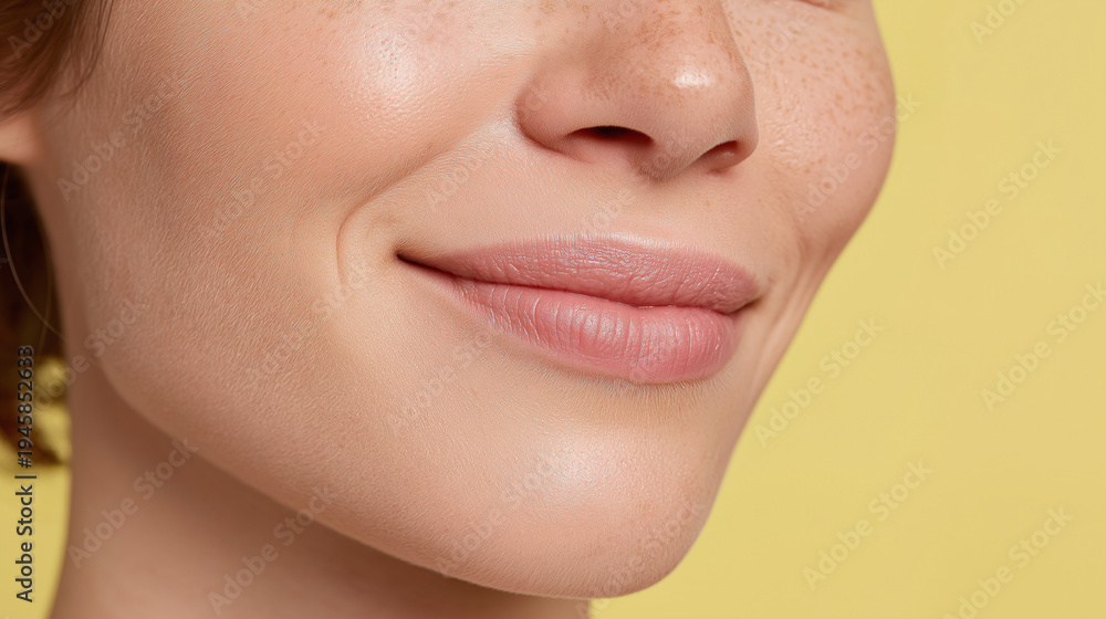 Fototapeta premium Glowing skin close up with glass skin cheeks subtle dew and smooth texture smiling lips and freckle detail, warm studio lighting evokes gentle calm confidence