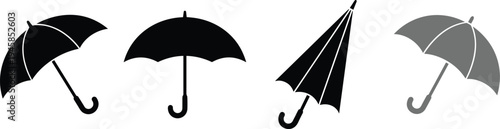 Umbrella silhouette collection featuring open and closed parasols in black and gray isolated on white background for weather and rain protection vector design