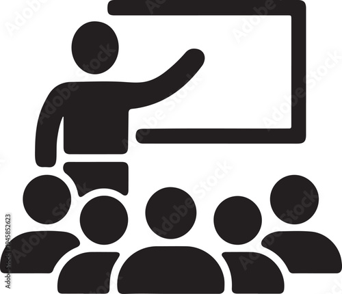 Speaker delivering presentation to audience icon. seminar meeting education classroom symbol