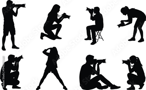 Set of professional photographer silhouettes in various poses capturing photos with cameras while standing, sitting, kneeling, and crouching on a white background