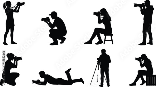Professional Photographer Silhouette Vector Collection Set Featuring Men and Women Taking Photos in Different Poses Like Standing Sitting Kneeling and Using Tripod