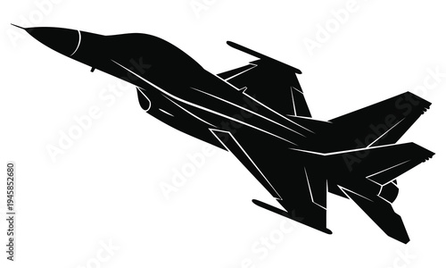 Black silhouette of a fighter jet isolated on white background in flight mode