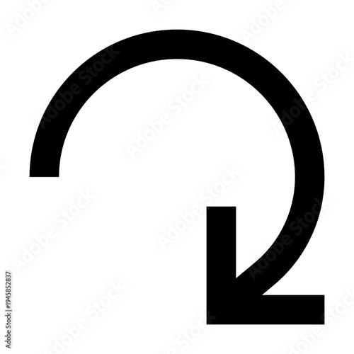 Right down clockwise arrow icon in sharp bold line style for forward rotation or navigation. Perfect for apps, websites, and UIs requiring movement, progression, or redo actions.