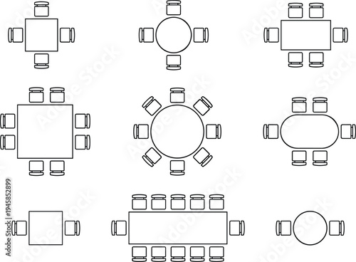 Top View Dining Table and Chairs Set Icon Collection with Square Round Rectangular and Oval Furniture Layout for Interior Design Architectural Floor Plan
