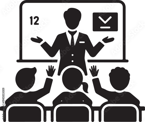 Teacher with students in classroom icon. education learning lecture presentation symbol