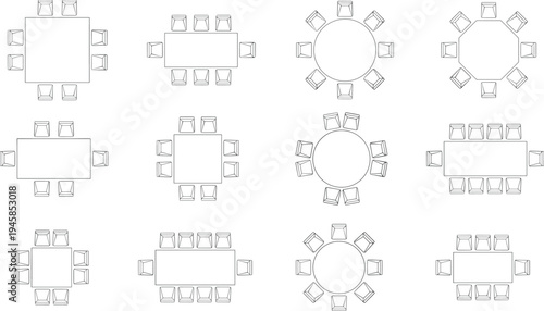 Dining Table and Chairs Top View Vector Set Featuring Round Square and Rectangular Furniture Floor Plan Layouts for Interior Architecture and Design Projects