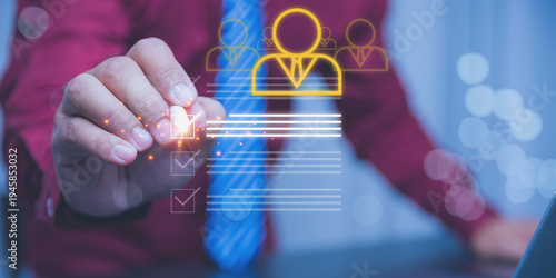 Tableau sur toile An HR professional interacts with a glowing digital interface to check off requirements on a candidate is profile