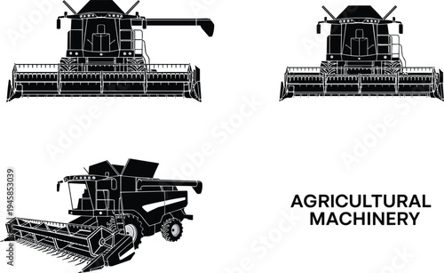 Combine harvester illustration set, agricultural harvesting machinery from front and perspective views isolated on white background, farming vector