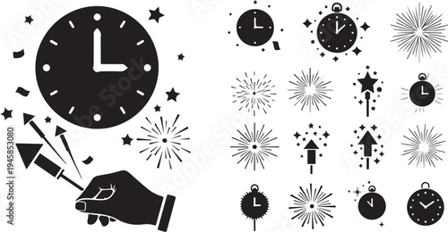Black and white clock and firework graphic design elements