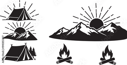 Camping icons with mountains, tents, and campfire silhouettes