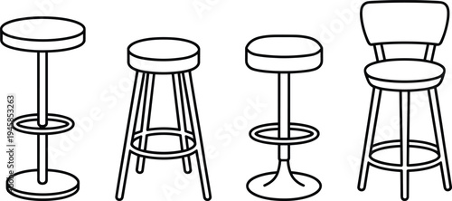 Minimalist bar stool and chair outline set with different modern designs, vector line art furniture collection isolated for interior design icons pack
