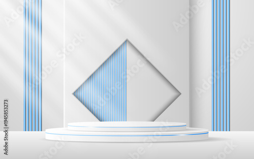 White podium with elegant blue lines with blue slatted backdrop for advertisement display. Display of cosmetic products. stage or podium. vector illustration