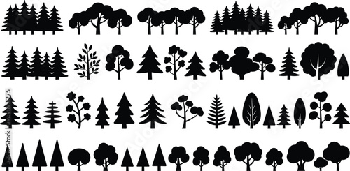 Forest tree silhouettes collection with pine fir oak and decorative woodland trees black vector set isolated on white background