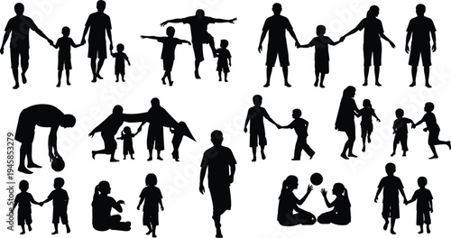 Silhouette illustration of families and children engaging in activities such as walking, playing, running, and bonding together, symbolizing parenting, caregiving, childhood development, and 