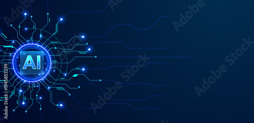 Artificial intelligence. AI semiconductor on a circuit board and electronic elements background	