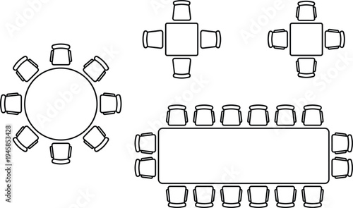 Top view meeting table layouts with chairs set, conference room seating arrangements collection for office planning, workspace furniture floor plan illustration