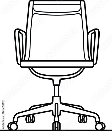 Modern ergonomic office chair line art illustration with wheels armrests and adjustable base, minimalist workspace furniture design isolated on white background