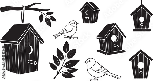 Birdhouses and birds in a simple black illustration style