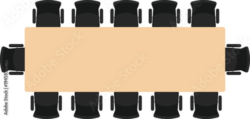 Top view modern conference meeting table with black office chairs around large wooden boardroom desk, business meeting workspace vector illustration layout design template
