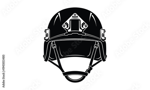 Black motorcycle helmet with visor and chin strap on white background