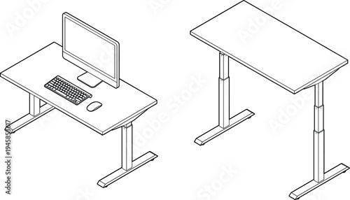 Isometric line art illustration of a modern height adjustable standing desk in two positions featuring a computer monitor keyboard and a mouse