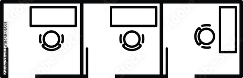 Black and white minimalist line icon illustration of an office cubicle layout with three partitioned work desks and employees sitting on rolling chairs