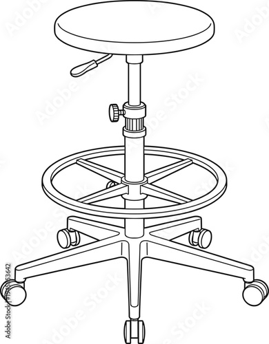 Adjustable rolling workshop stool line art vector illustration with round seat foot ring and caster wheels ergonomic mechanic chair isolated outline design