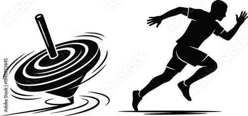 Black silhouette vector of a spinning top toy alongside a sprinting male athlete runner symbolizing kinetic energy, motion, and constant momentum