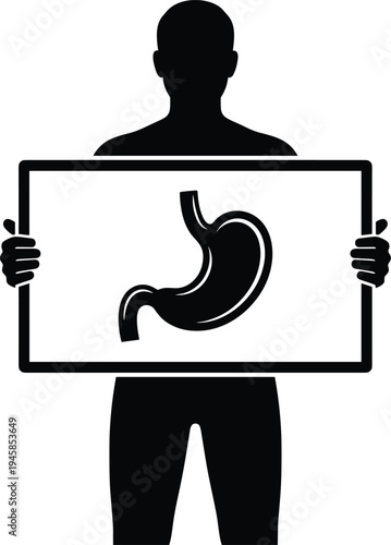 Black silhouette of a person holding a board with a human stomach icon representing digestive health, gastroenterology, and medical diagnosis