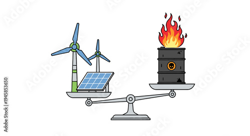 Renewable energy sources like solar panels and wind turbines are weighed against a burning fossil fuel on a balance scale.