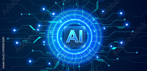 Artificial intelligence. AI semiconductor on a circuit board and electronic elements background	