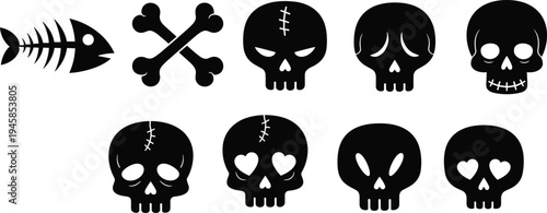 Minimal skull icons, fish bone symbol, cross bones, black silhouette set, spooky vector elements, Halloween design, gothic skull collection