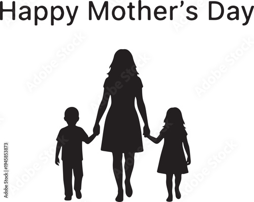 mothers walking with her children silhouette vector on white background