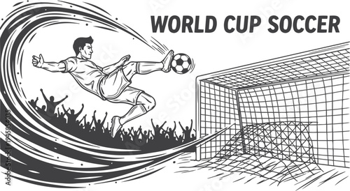 Vector illustration of a soccer player scoring a goal with a bicycle kick. Dynamic line art composition featuring cheering fans and a football net. Banner design for World Cup Soccer vector black and 
