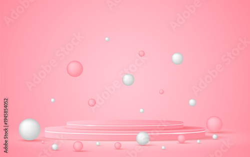Pink podium with elegant white lines with white and pink balls around it for displaying advertisements. Exhibit cosmetic products. Stage or podium. Vector illustration