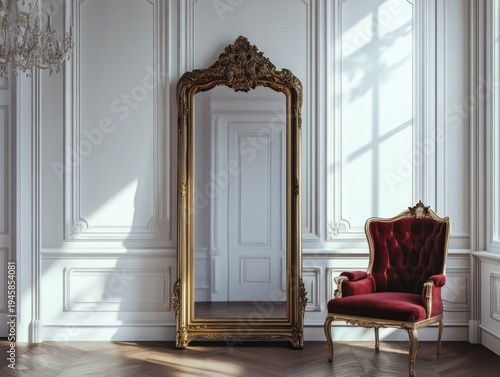Ornate room with gilded mirror and red velvet chair