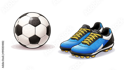Soccer Ball and Football Cleats Isolated on White Background, Sports Equipment Illustration