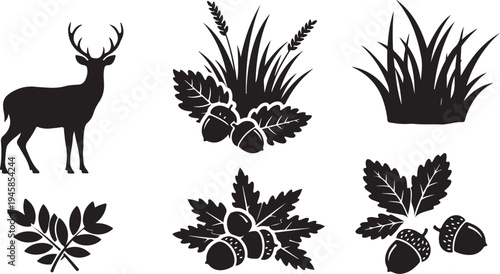 Black silhouettes of deer and forest plants on white