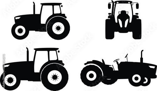 Farm tractor silhouettes collection, agricultural farming tractors from multiple views isolated on white background, agriculture machinery vector illustration