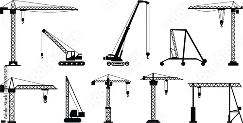 Silhouette icons of construction cranes, tower crane, mobile crane, gantry crane, lattice boom crane, heavy lifting equipment, industrial engineering, building machinery illustration