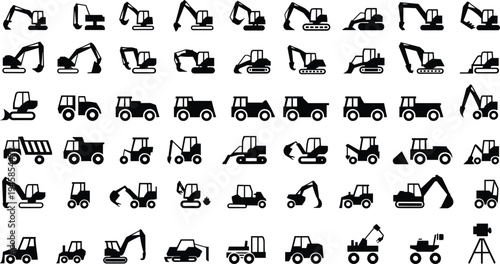 Silhouette icons of construction machinery, excavator, bulldozer, dump truck, forklift, crane, heavy equipment vehicles, industrial illustration, engineering design, building industry tools