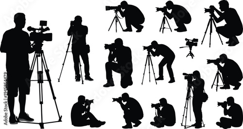 Large collection of photographer silhouettes, models posing, tripod equipment, professional photography session, studio gear set, isolated on white background, vector.