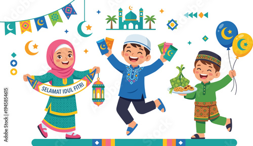 Happy Eid Mubarak Celebration With Children And Traditional Decorations