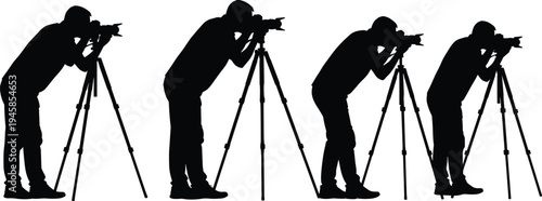 Large collection of professional photographer silhouettes, male and female models, studio equipment, tripods and cameras, isolated on white background, vector.