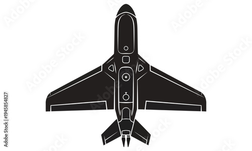 Black silhouette of a fighter jet airplane isolated on white background from above view