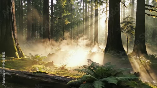 Cinematic 4K footage of golden sunrise sunlight rays piercing through misty forest trees with ethereal glow and tranquil atmosphere