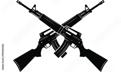 Two black rifles crossed over each other in a striking silhouette against a pure white background