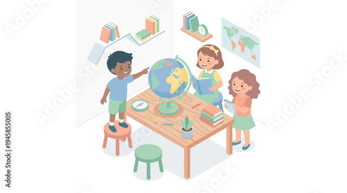 Students engaged in interactive education learning with globe and books in classroom setting