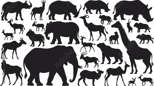 African safari wildlife animal silhouette collection set, elephant rhino giraffe icons, vector flat design elements, wild savanna creatures,